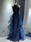 Sequin Halter Perlade Strap Sirène Ruffle Tulle Train Gown du soir