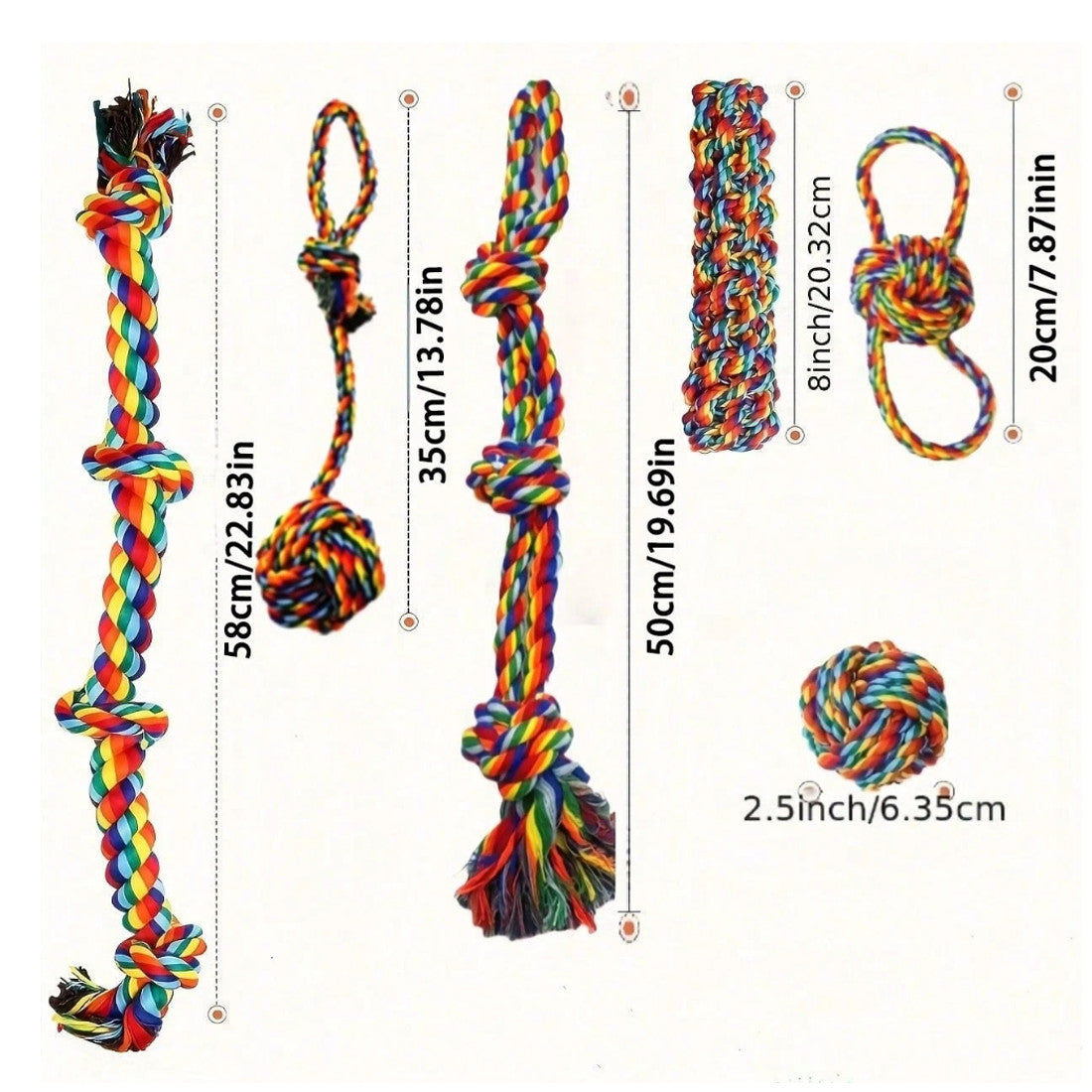 Jouets de corde de chien couleur arc-en-ciel de 6pc