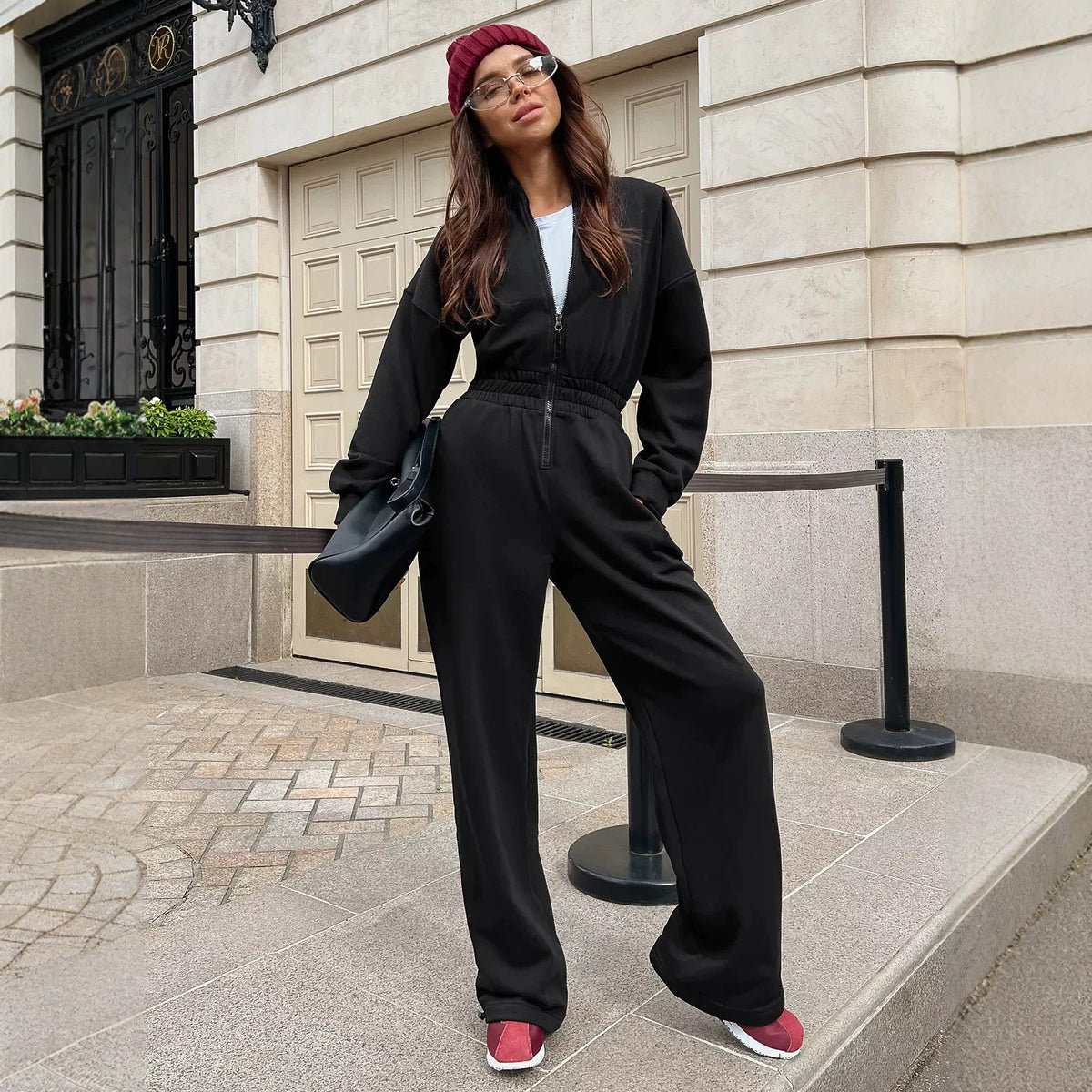 Costume de saut col zippé casual à manches longues pour femmes