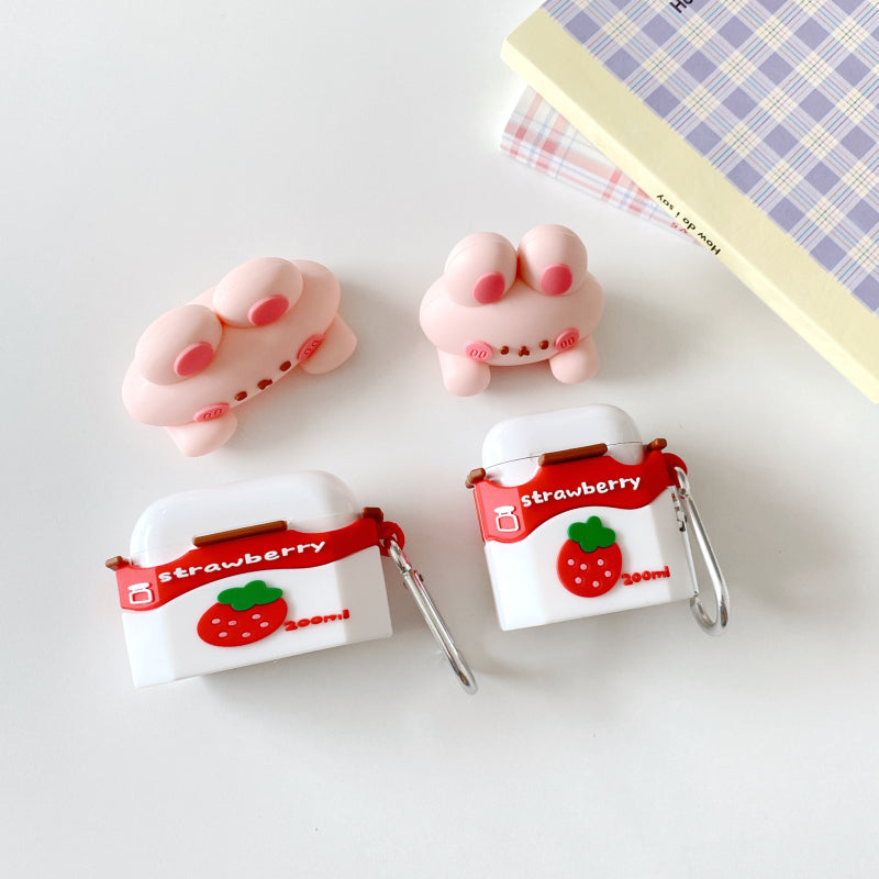 Coffret d'écouteur sans fil de lait de fraise mignon Silicone