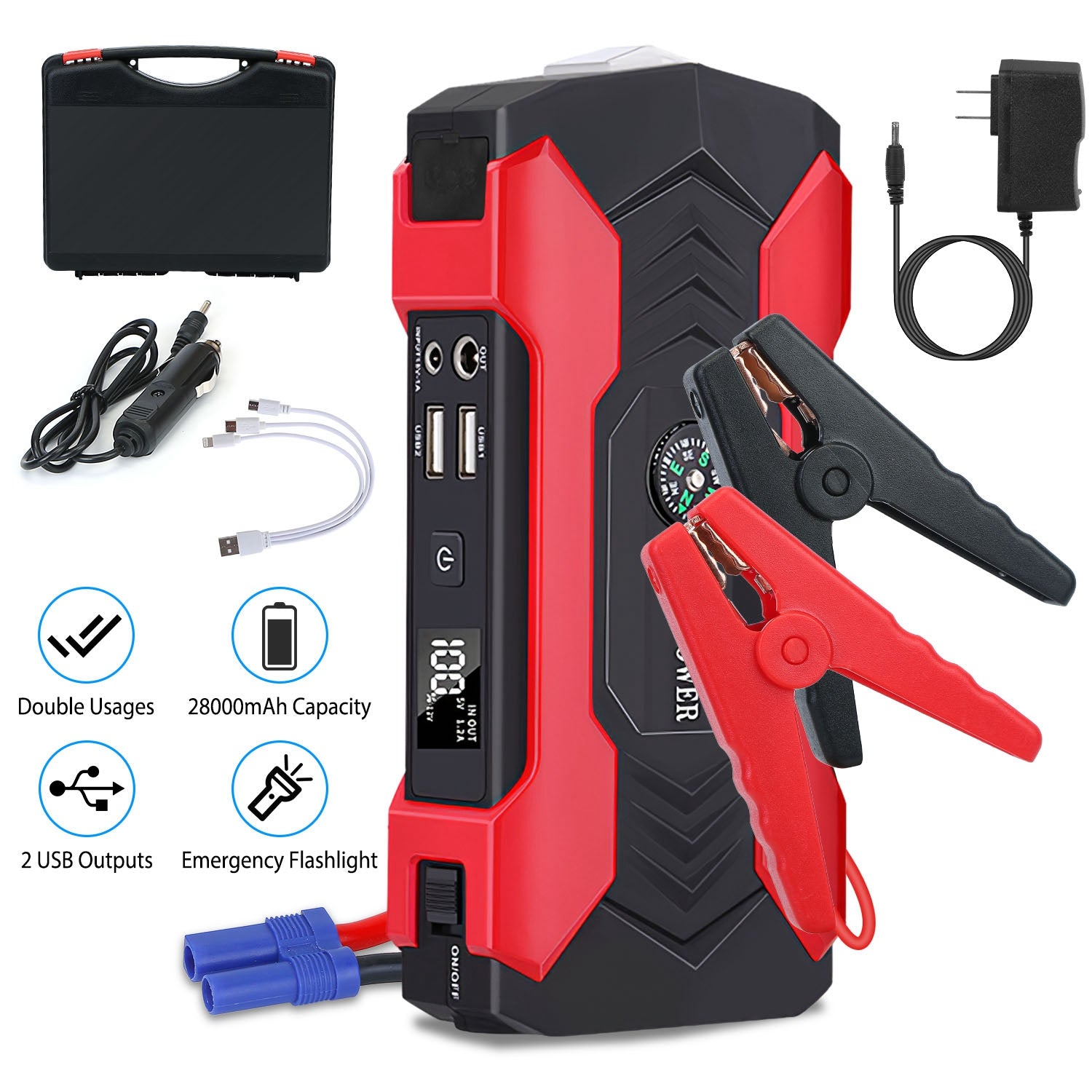Auto Jump Starter Booster 800A Peak 28000mAh 12V Chargeur de batterie jusqu'à 6,0L Gaz ou 3,0L Die