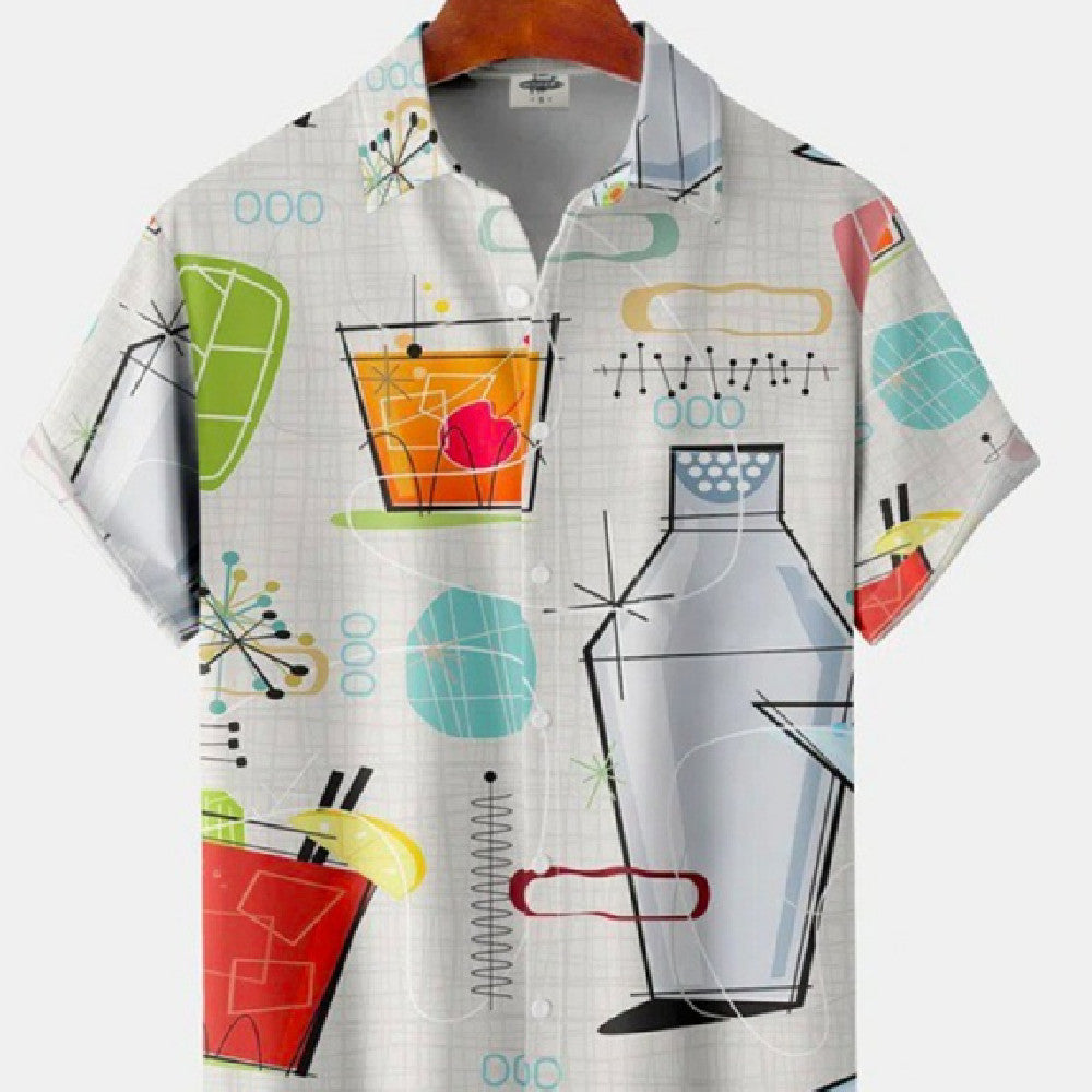 Couleur mélangée bande 3D impression numérique perdre manches courtes chemise pour hommes