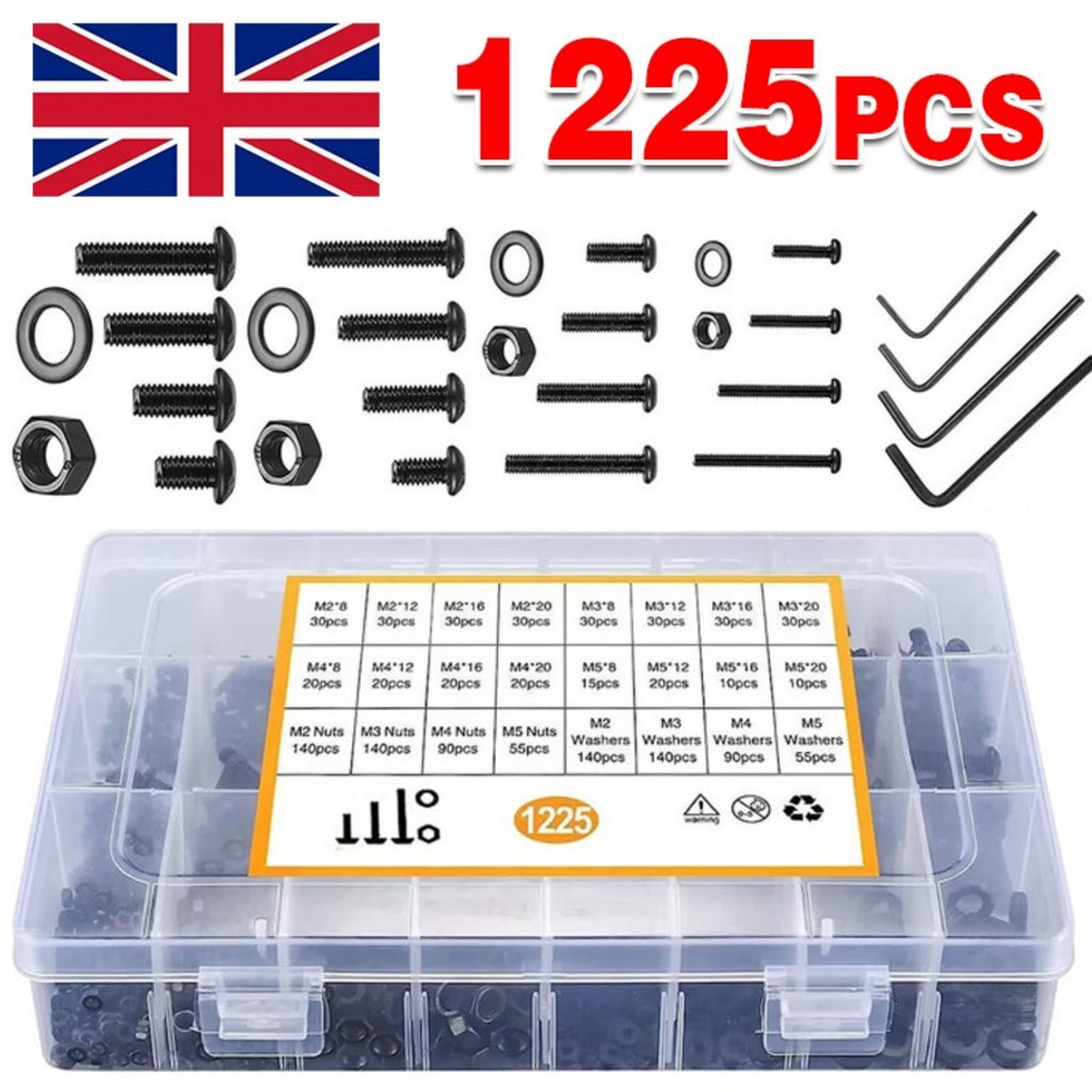 1225pcs Acier inoxydable Vis hexagonales et boulons de chaussettes Ensemble d'écrous assortis M2 M3 M4 M5