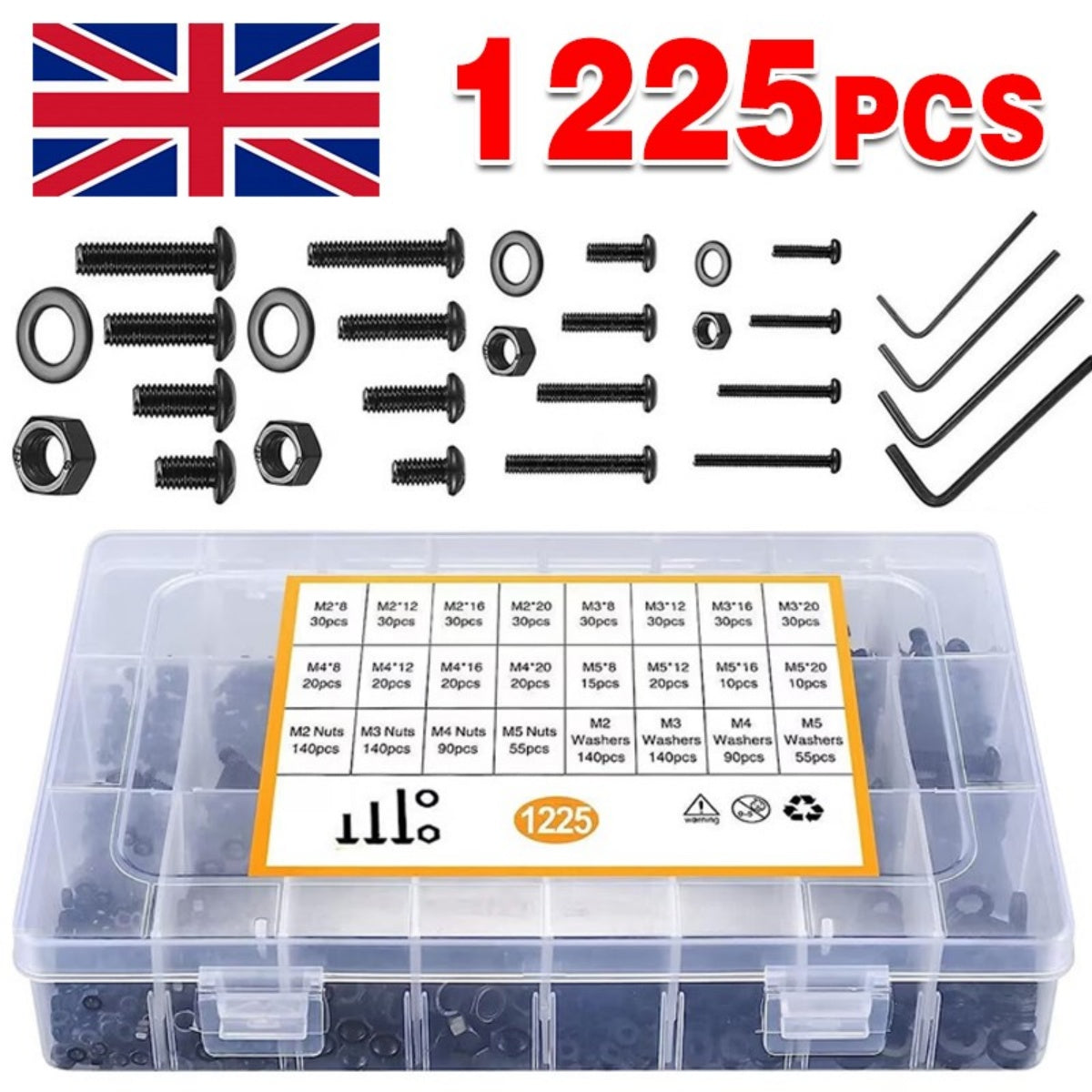 1225pcs Acier inoxydable Vis hexagonales et boulons de chaussettes Ensemble d'écrous assortis M2 M3 M4 M5