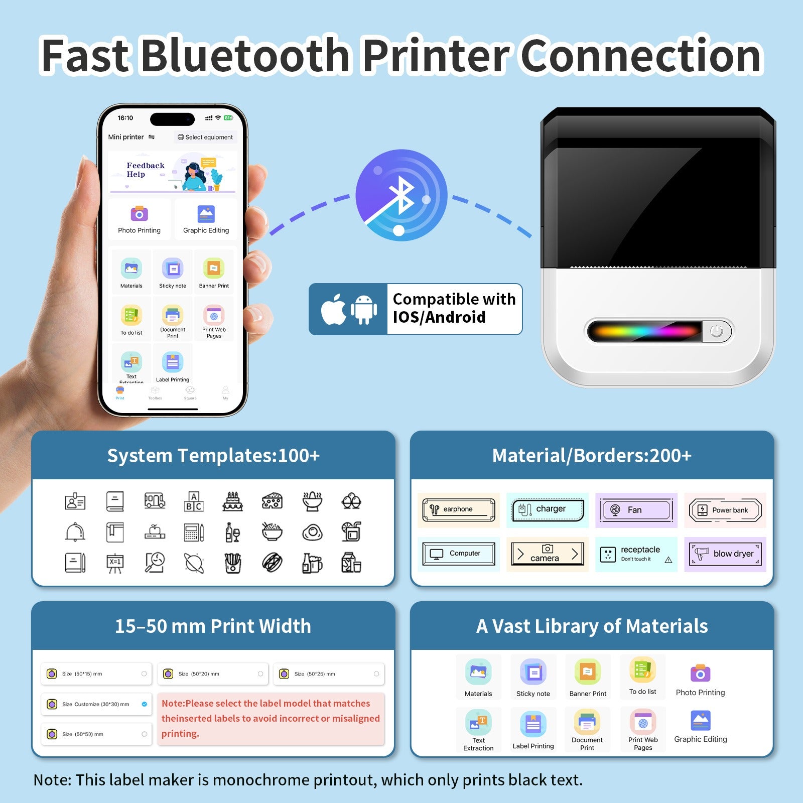 U1 Autocollant Compact Portable Imprimante thermique Bluetooth sans fil Pocket Mini Label Mak