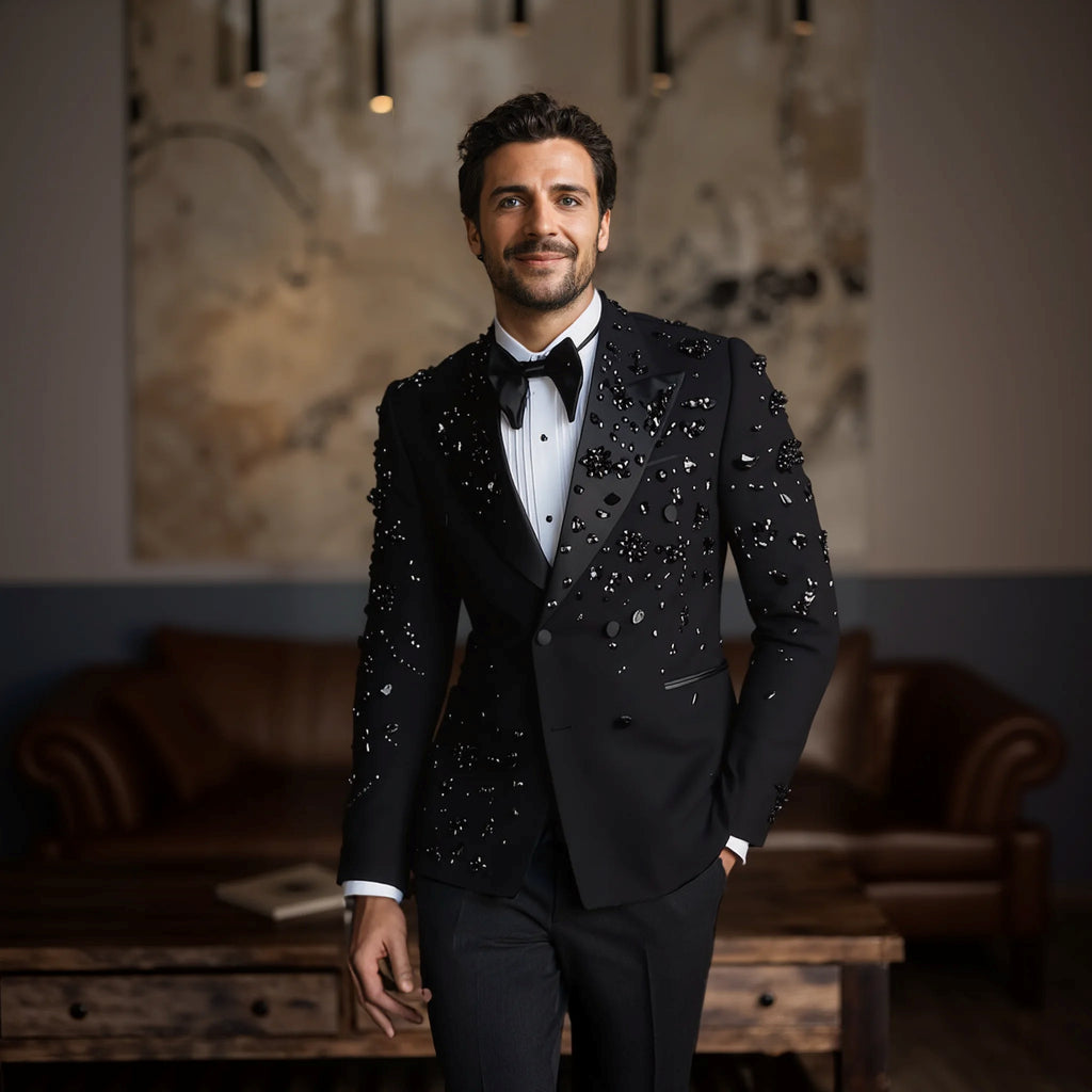 Hommes Black Satin Peak Lapel Strass & 3D Floral Embellished Double Breasted Tuxedo Deux-P