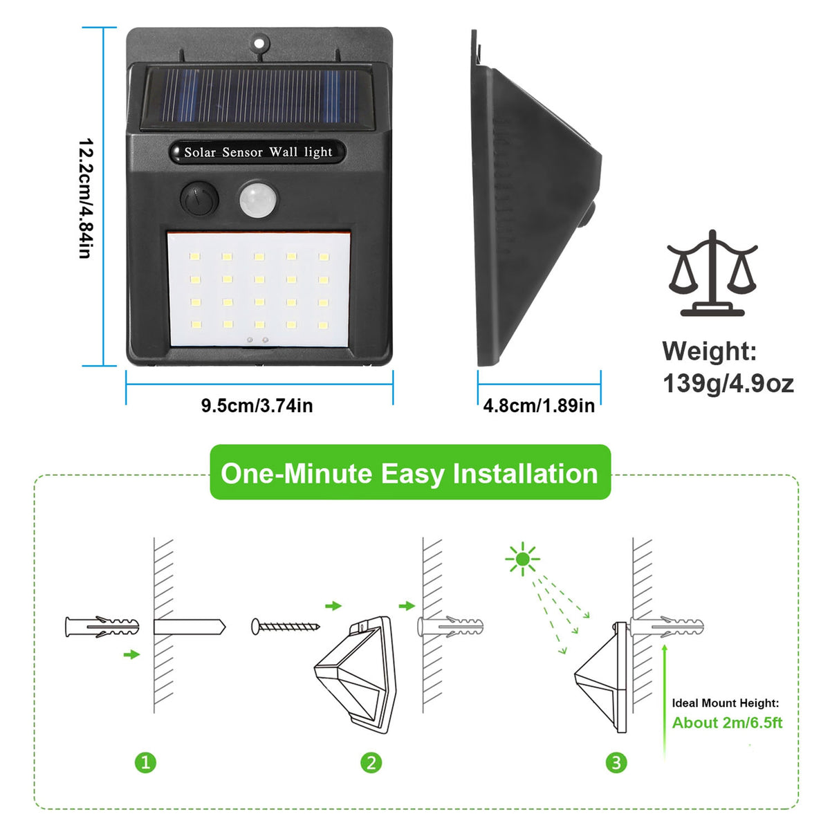 1Pc Solar Light 20 LEDs Outdoor PIR Motion Sensor Lights IP65 Waterproof 120 Degree Sensin