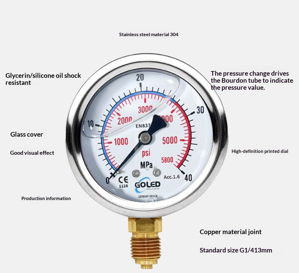 Mesure de pression pneumatique antichoc en acier inoxydable