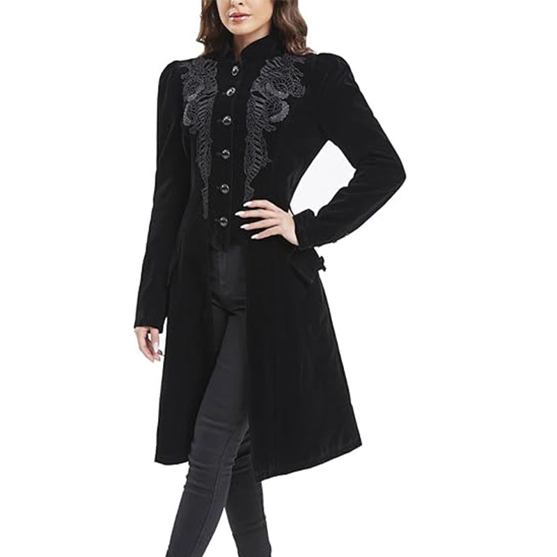Long-sleeved retro-chic printed coat with a long collar