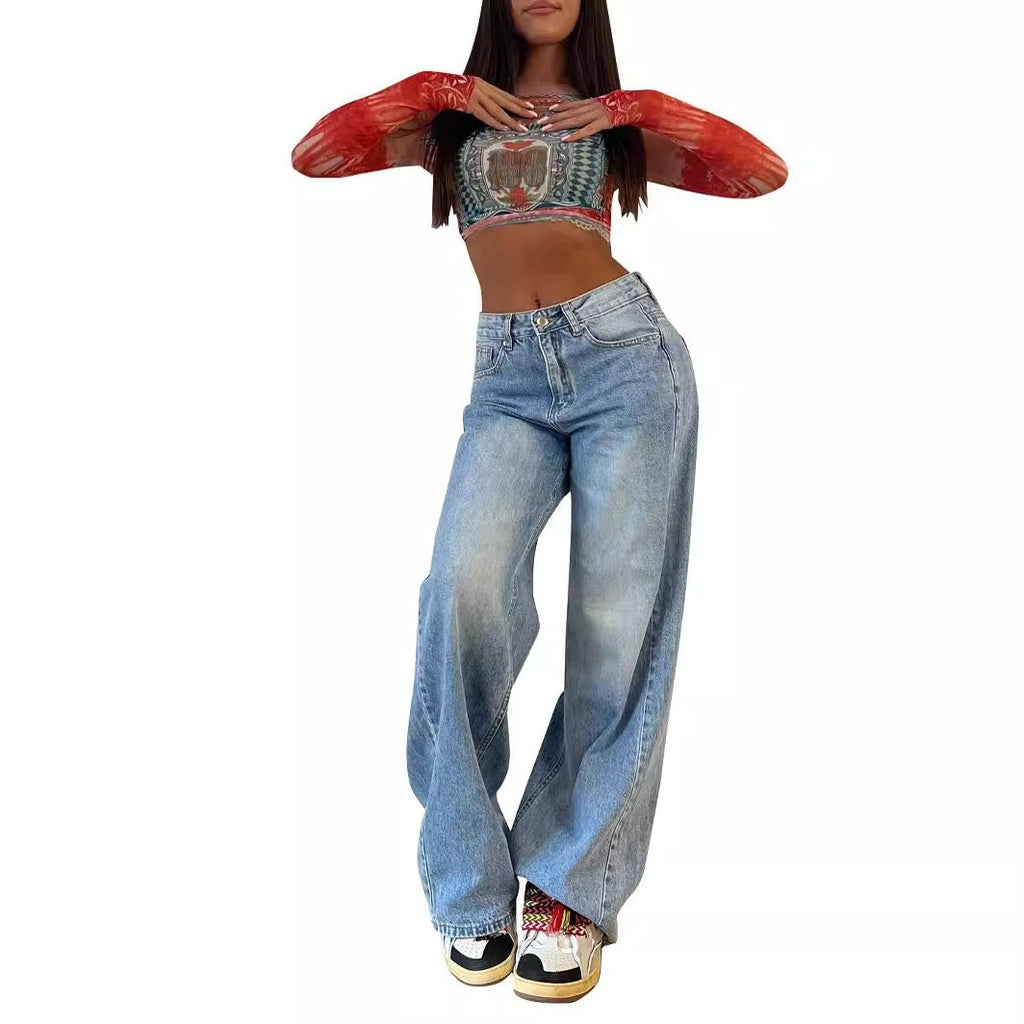American Style Retro Low Waist Non élastique Lavé droit Jeans Femme Autumn Street Wid