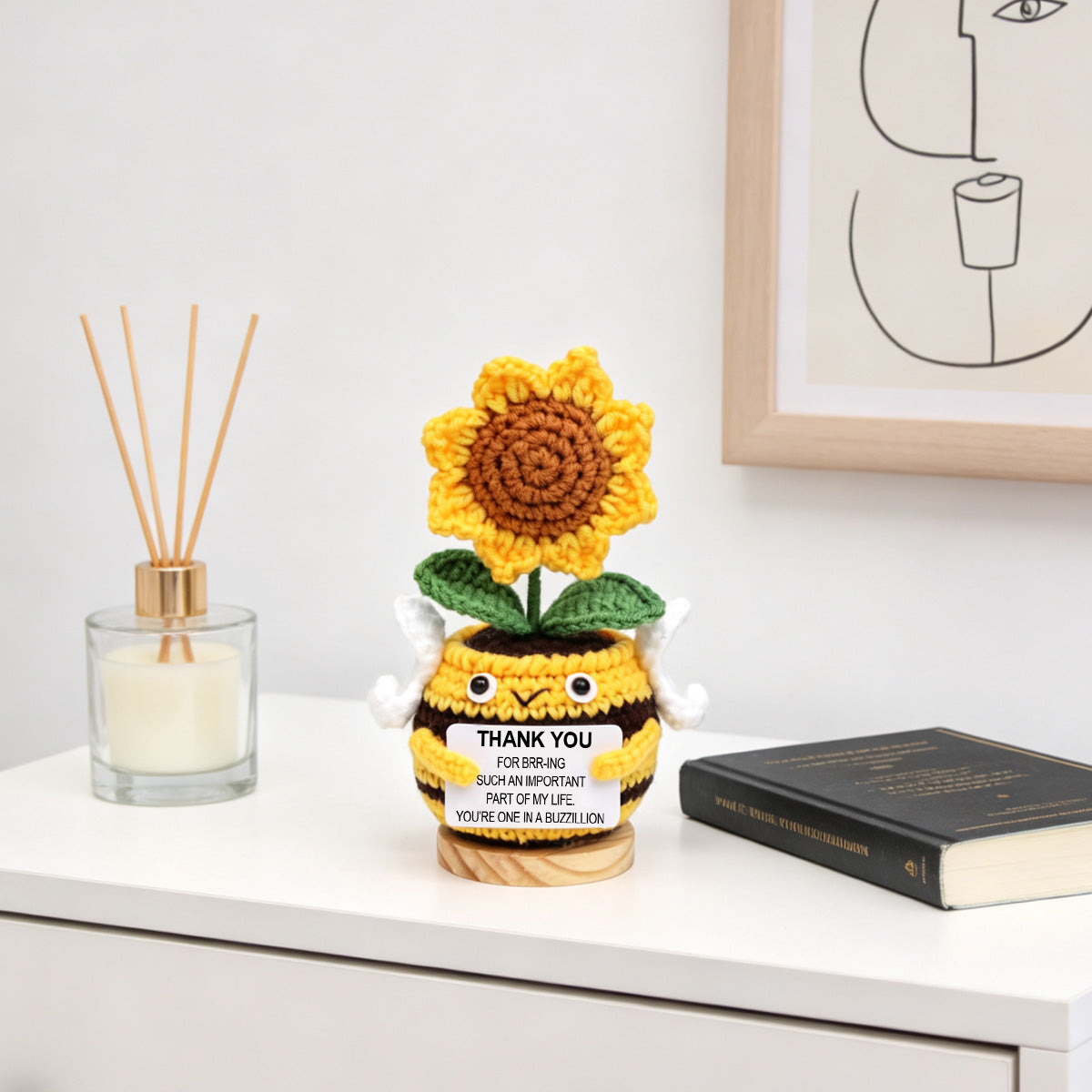 Crochet fait main Bee en forme de tournesol Pot ornement doux fil éternel Crochet Bloom Wit