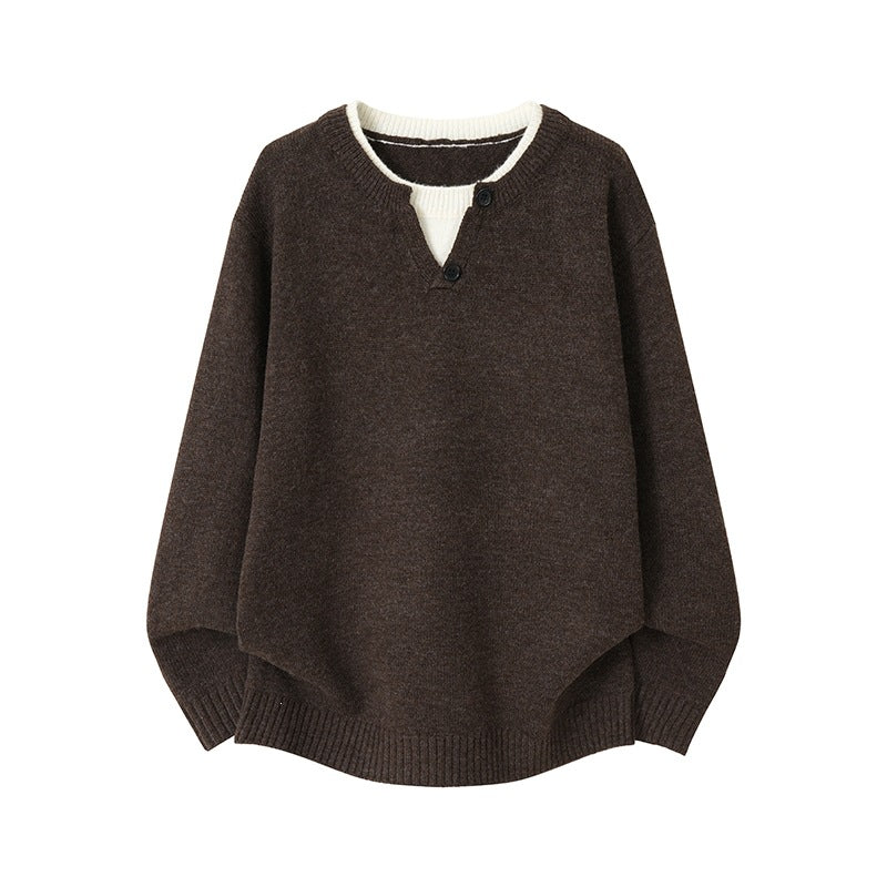 Hommes Mock deux pièces V-Neck Sweater rond-Neck