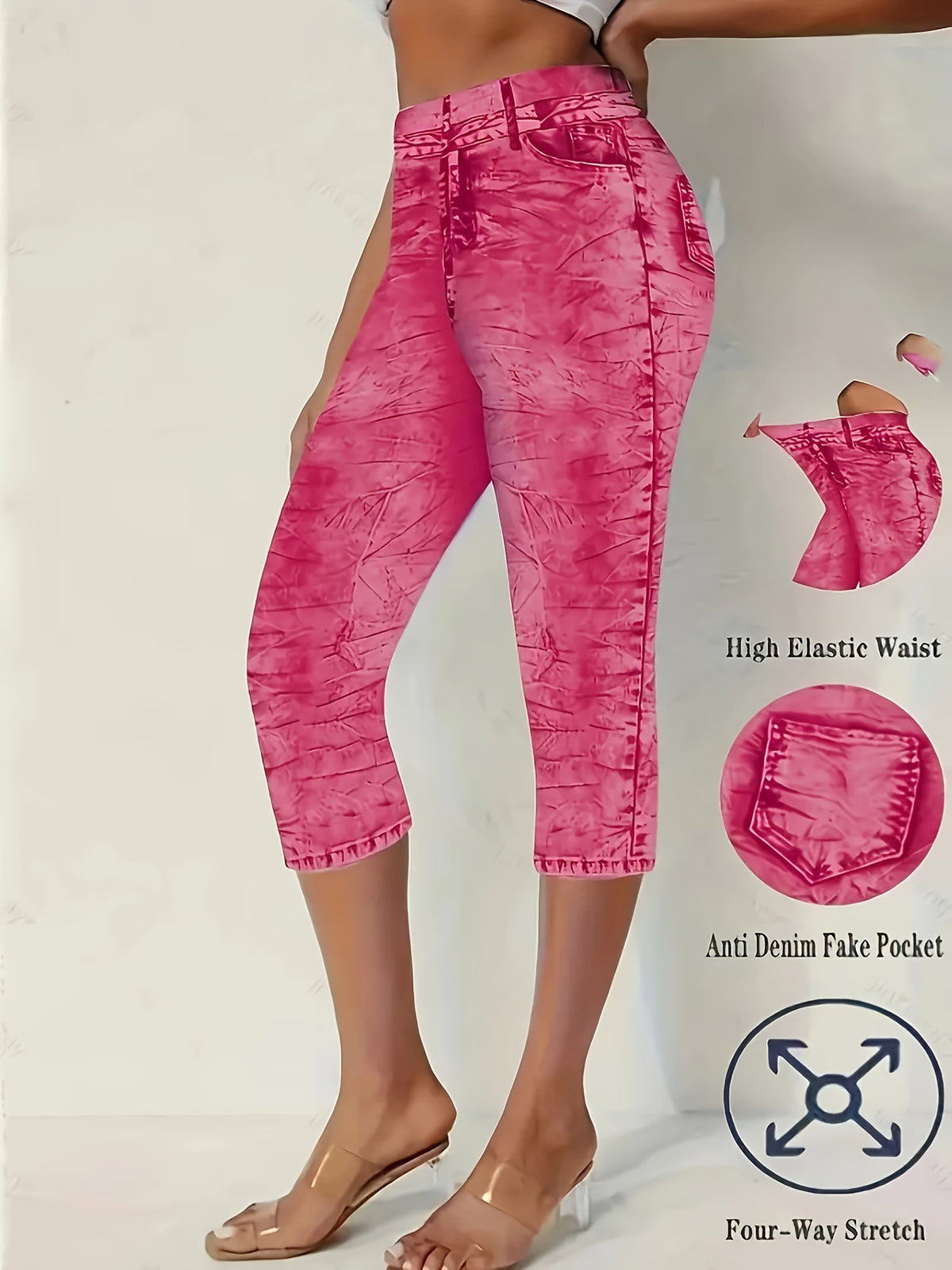 High-stretch, tight-fit, high-waisted, denim-look for summer