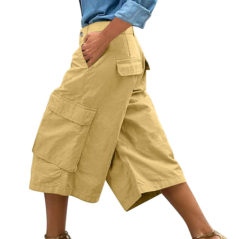 Femmes Cargo Capri Pantalons Multi Pocket High Waist Loose Large Jambe Cropped Pantalons Summer Cas