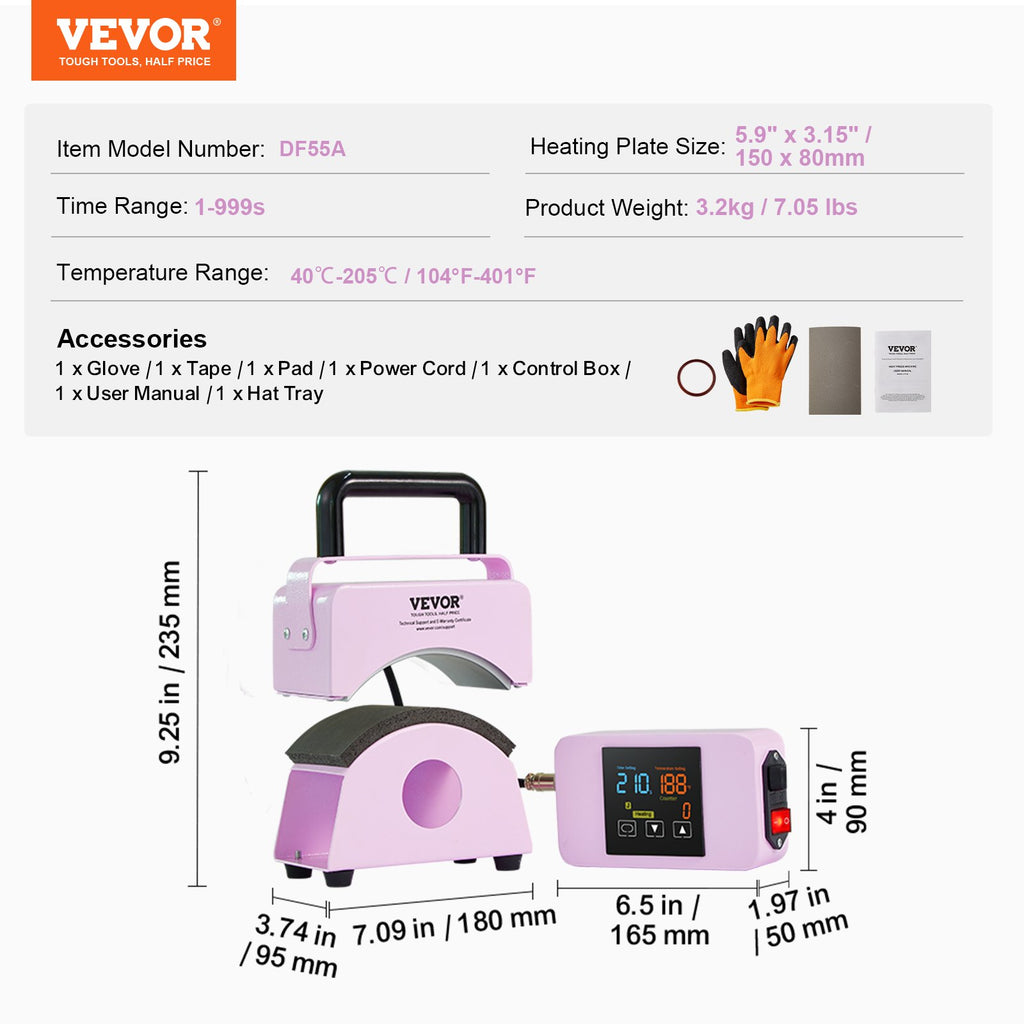 VEVOR chapeau presse machine Mini chapeau presse à chaleur pour bouchons 5,9x3.15 Inch plaque violet