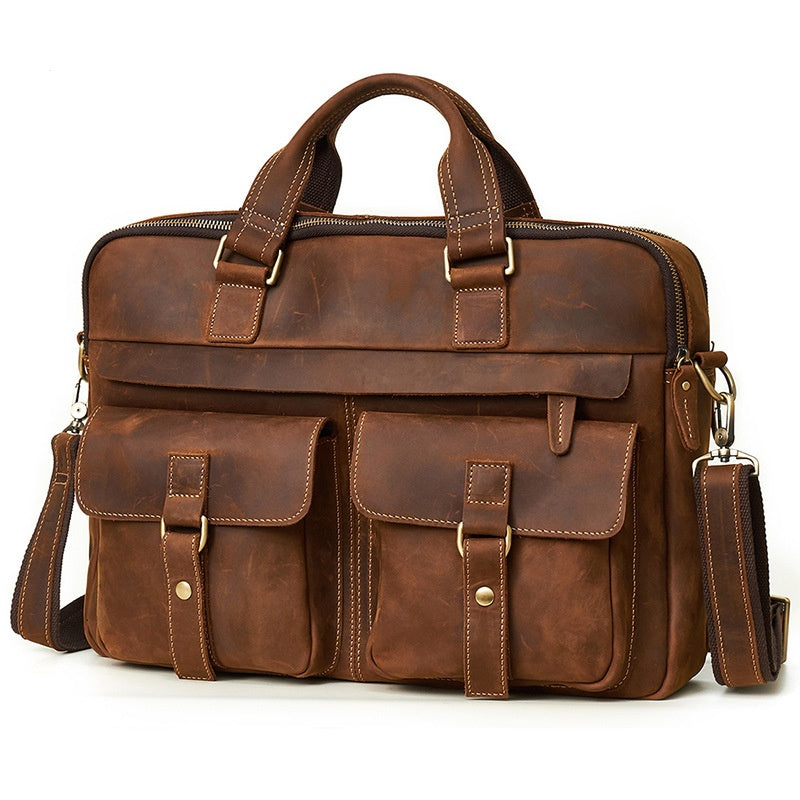 Vintage Cowhide Sac à main homme Crazy Horse Cuir Commuter Computer Sac en cuir véritable Salut