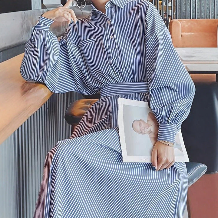 Women's blue and white striped shirt dress