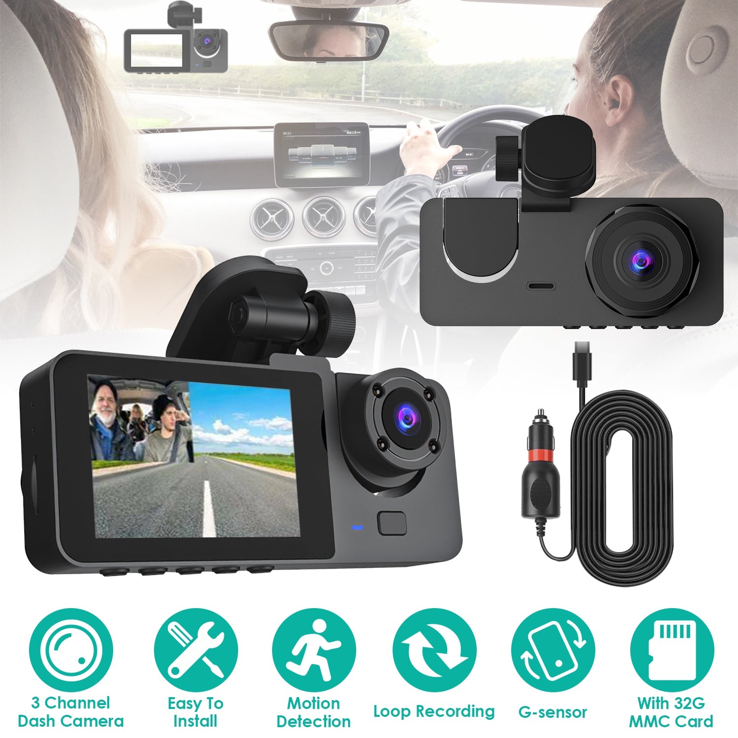 Caméra de voiture 3 canaux avec carte MMC 32 Go