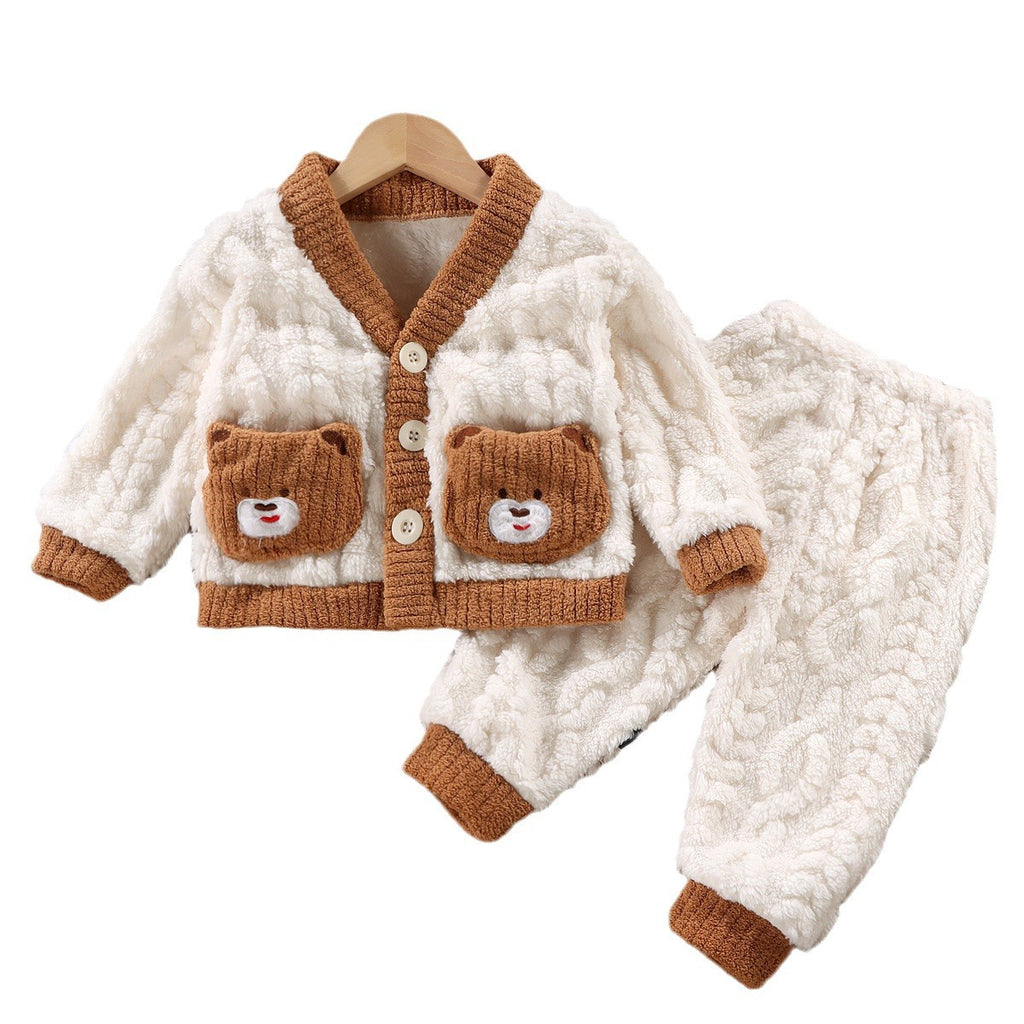 Vêtements de maison pour enfants Garçons et filles Manteau de pyjama en flanelle, épais, chaud, deux pièces