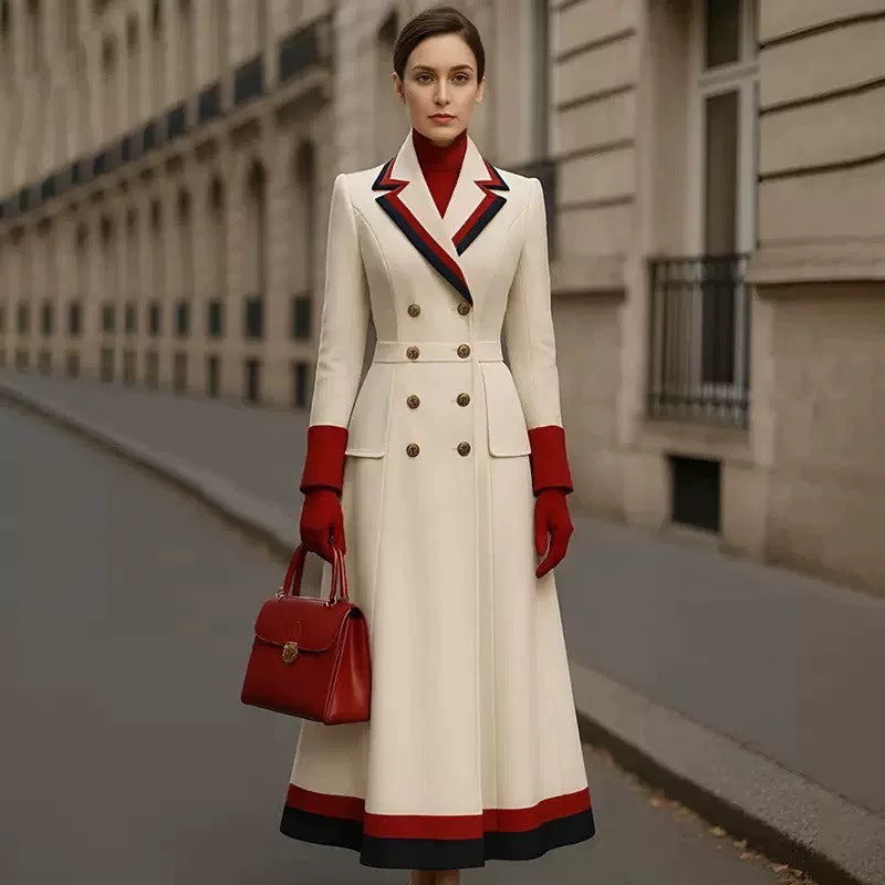 Élégant style britannique Versatile Flatter Figure Long Patchwork Coat