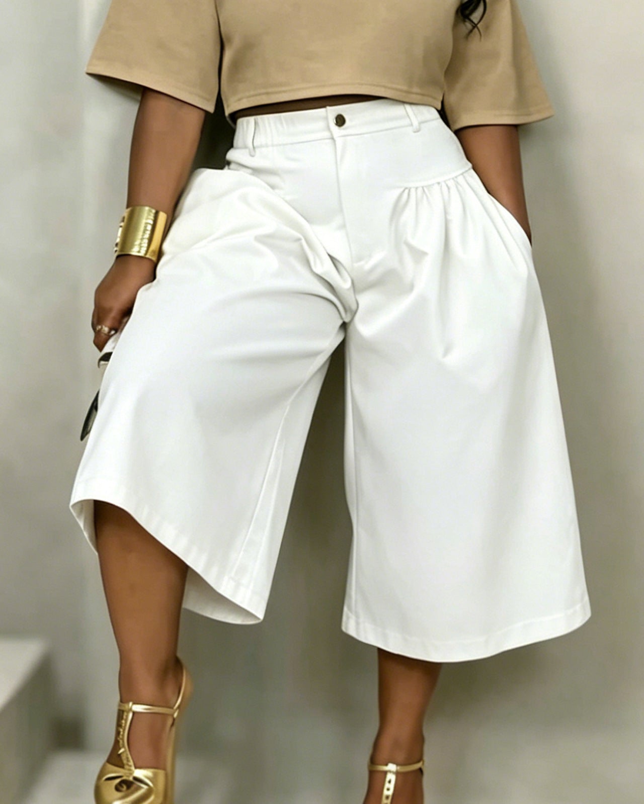 Ld2849 Khaki semi-élastique Waistband Front plissé large-leg Loose Fit Drapey Straight Casua