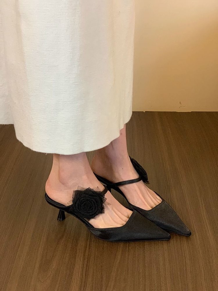 Femmes High Heel Chinese Style Floral Retro orteil fermé Mule Slippers Spring Summer Outdoo