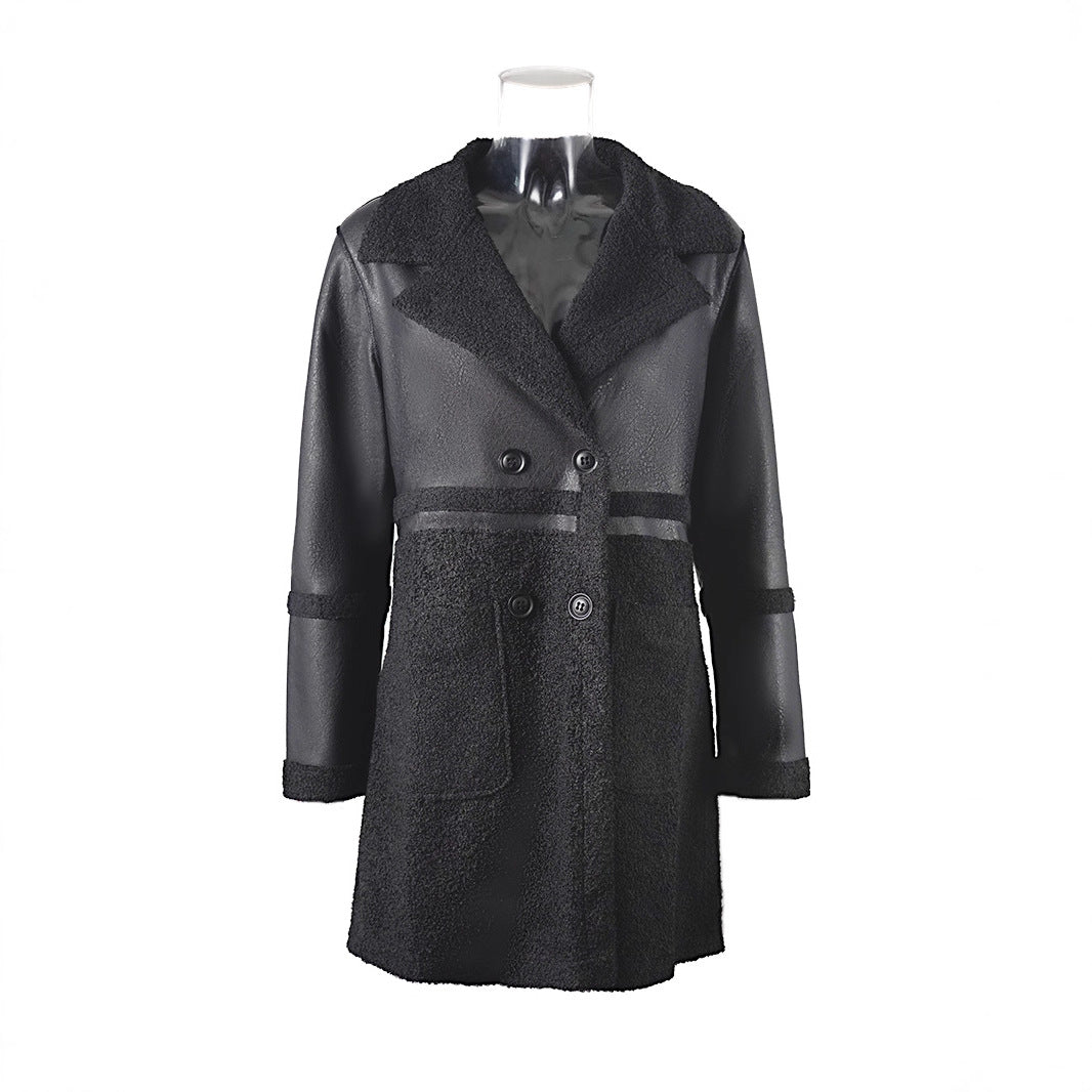 Veste en cuir mi-long pour femmes avec patchwork et design bidirectionnel