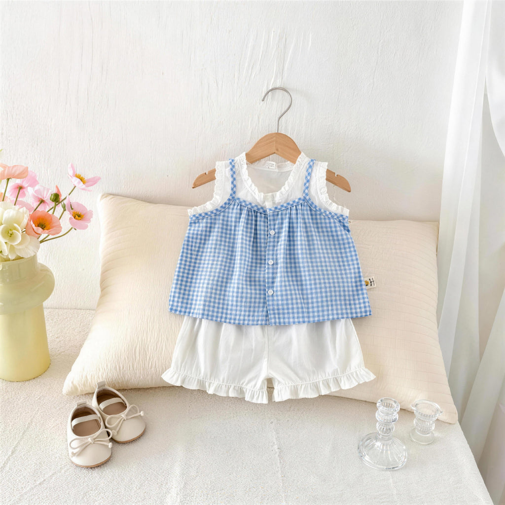 Dentelle Plaid Deux pièces Set pour les petites filles Vest Top et Blouse