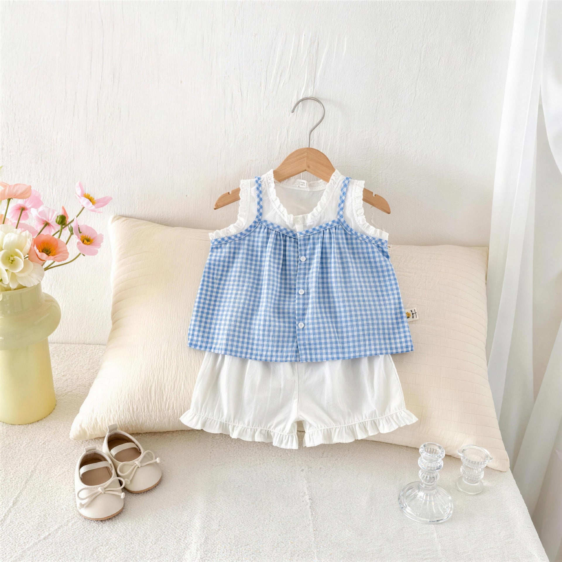 Dentelle Plaid Deux pièces Set pour les petites filles Vest Top et Blouse