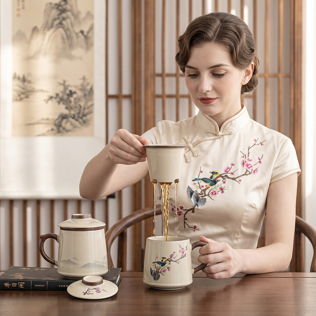 Chine-style grande capacité Ru Kiln Changement de couleur tasse de thé-séparer avec luge et filtre
