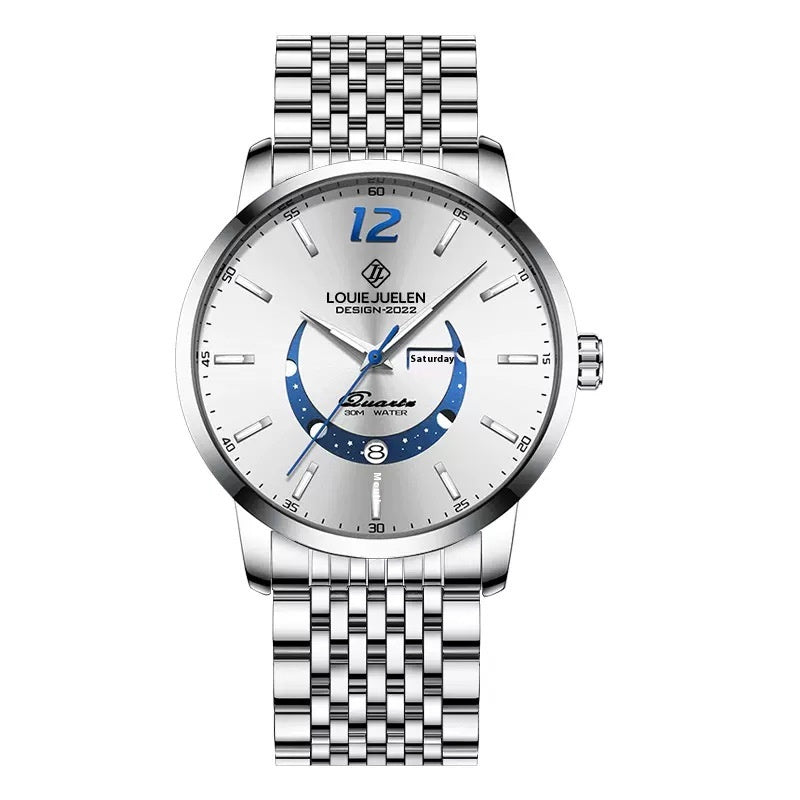 Master Moon Phase Luminous Waterproof Wrist Watch La mode masculine véritable bracelet en cuir