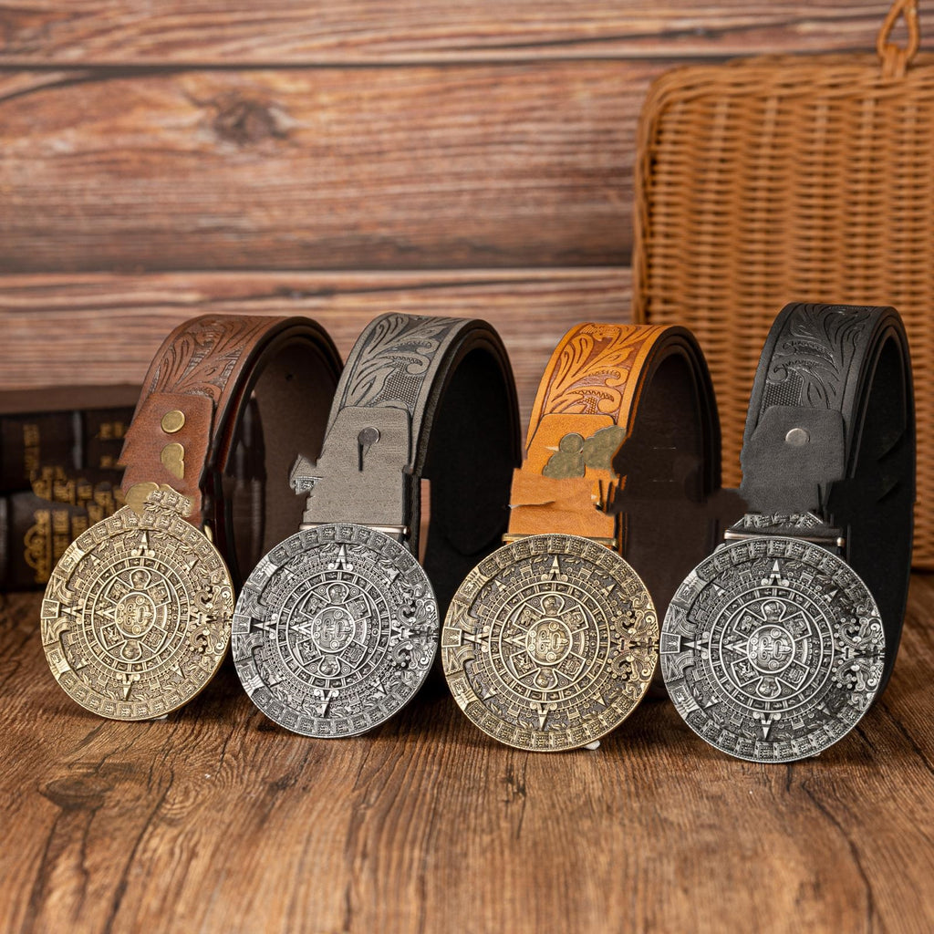 Aztec Sun Calendrier Boucle en pierre Retro PU Ceinture en cuir