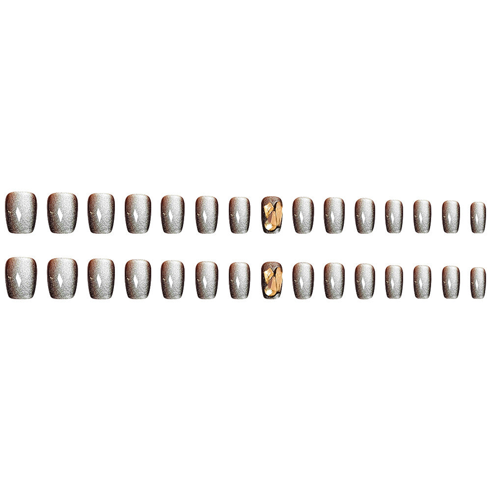 Y2K Faites vous-même glamour 30 pièces de faux ongles carrés taillés Coffee Cat's Eye Rhins