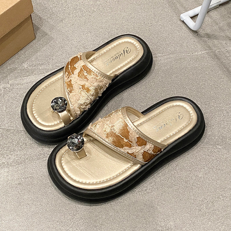 Femmes Retro National Wind Floral Jacquard Platform Sandales Slide Matching Daily