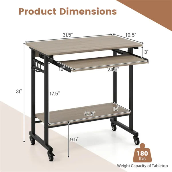 Bureau d'ordinateur mobile gris avec plateau et plateau de rangement