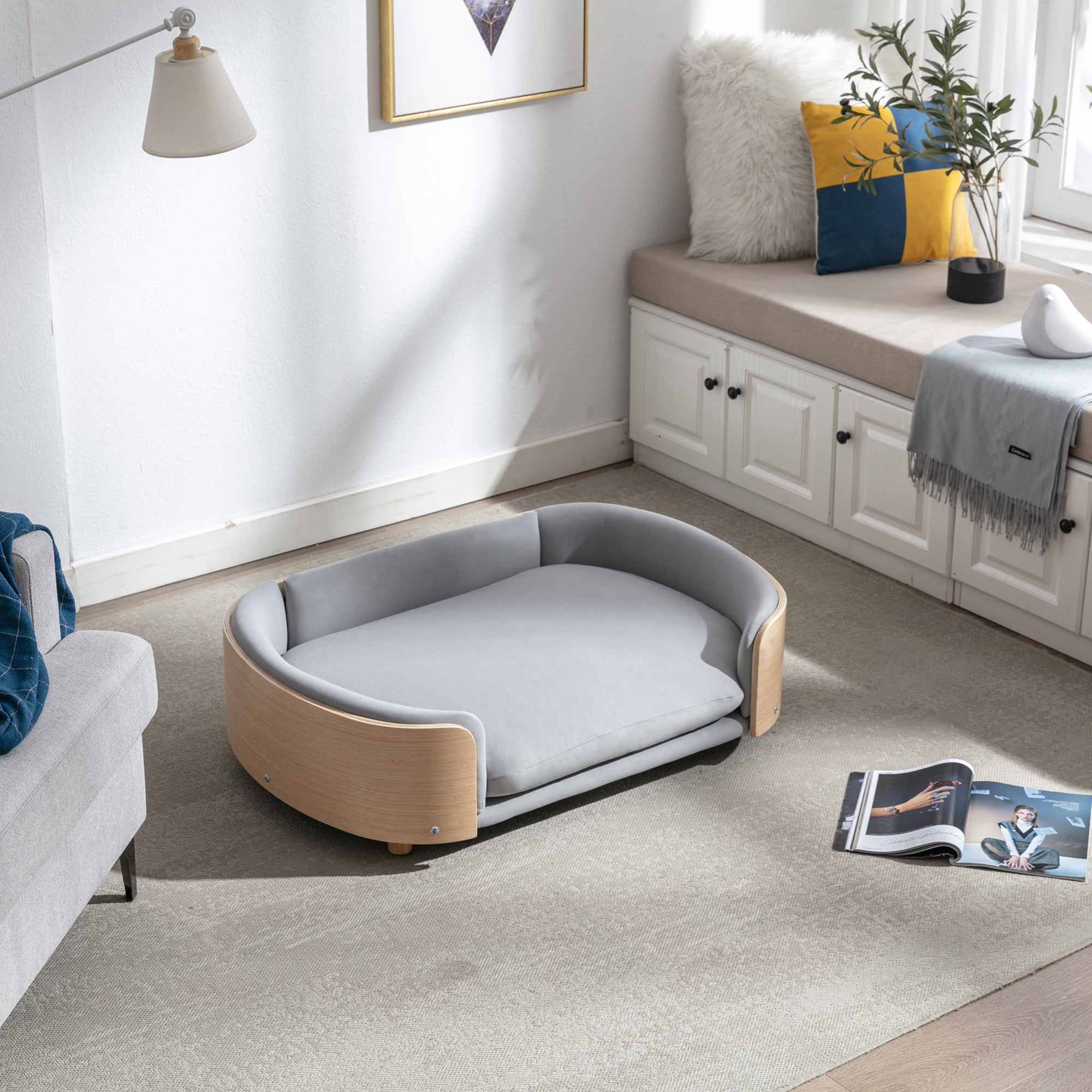 Style scandinave Lit de chien élevé Canapé pour animaux avec pieds en bois massif et dos en bois bent