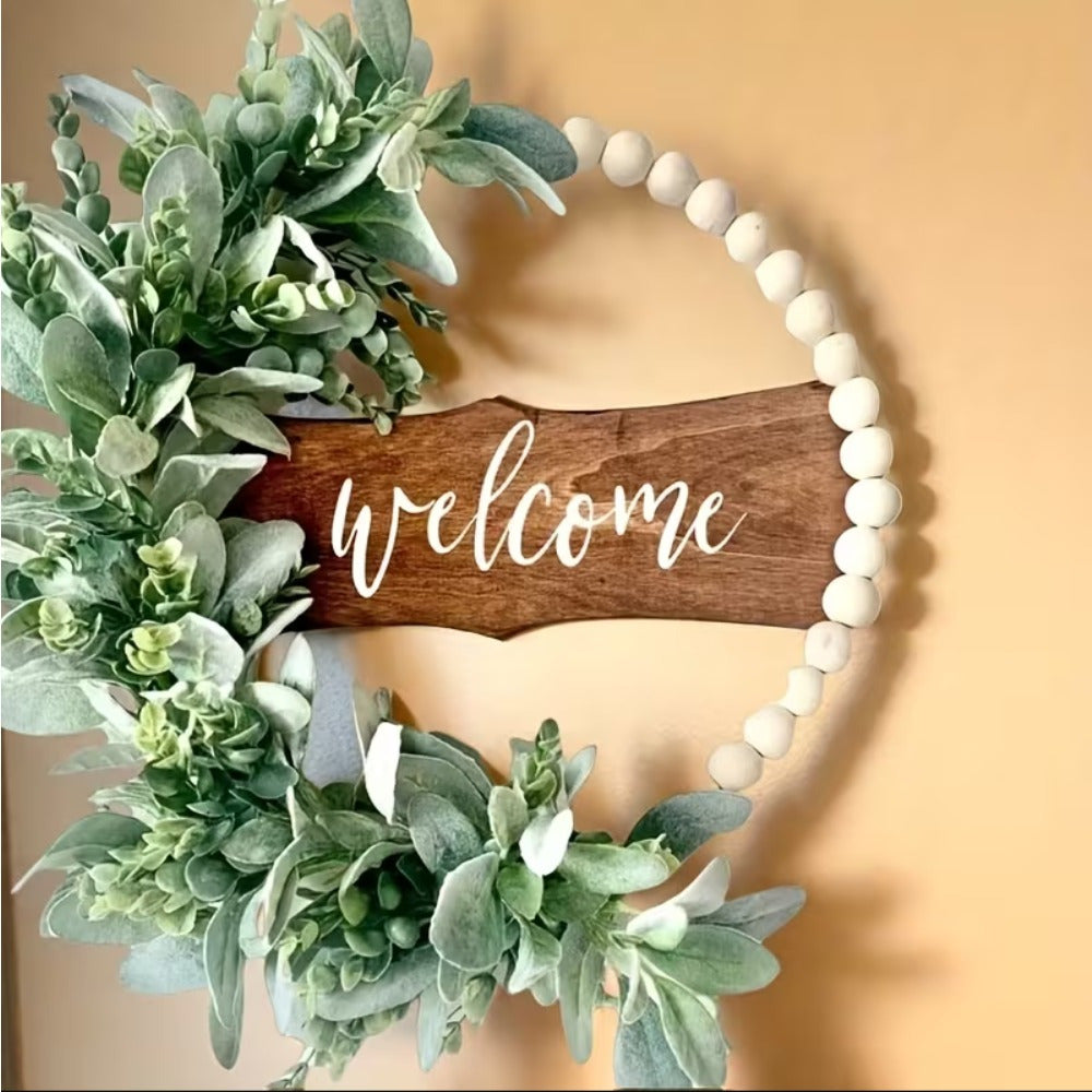 Décoration de porte en fleurs artificielles et perles