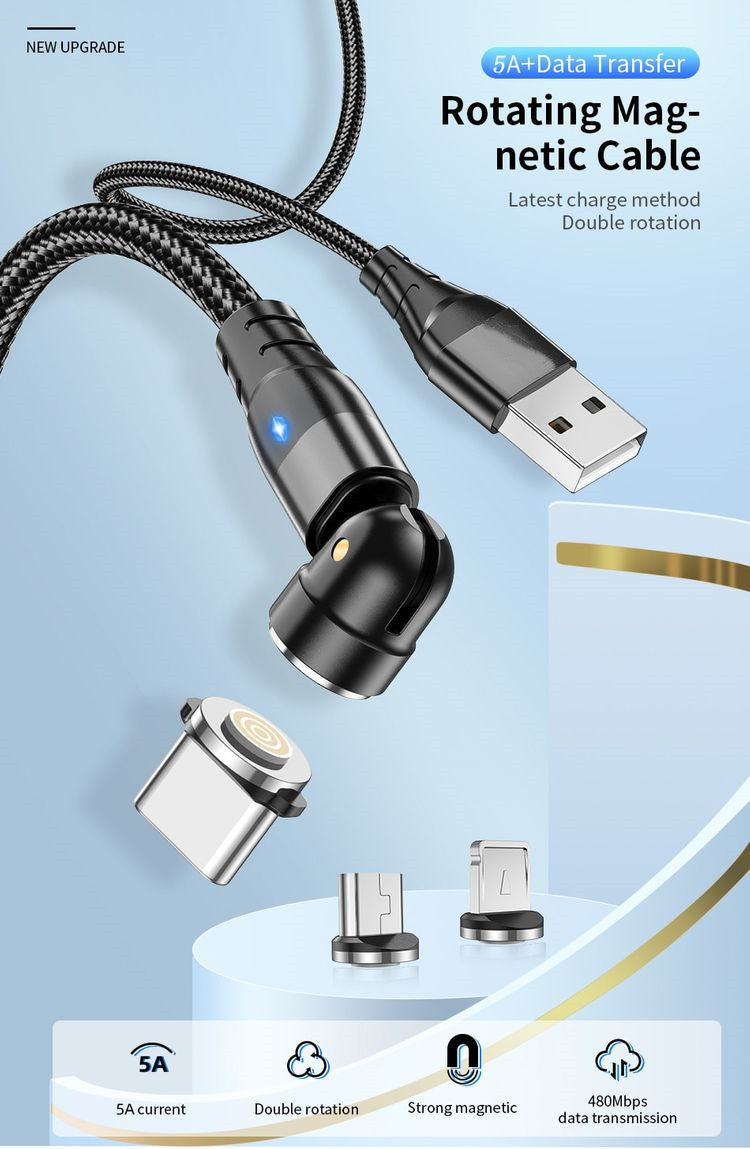 Câble de données magnétique 3-en-1 540 Connecteur rotatif 5A Charge rapide