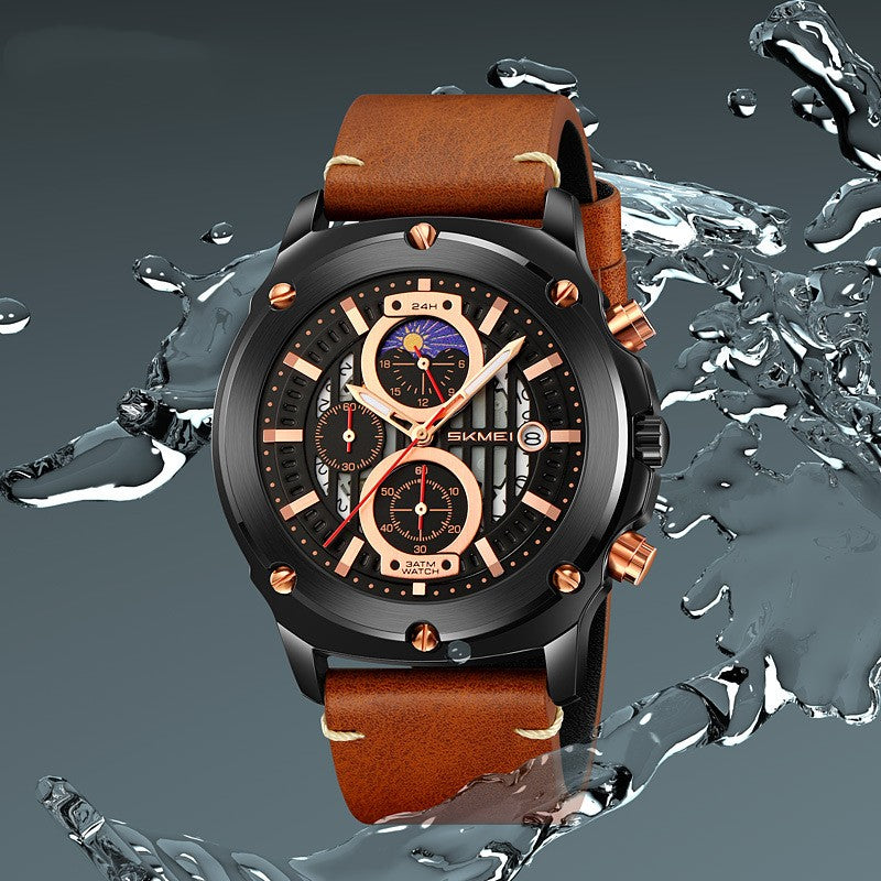 Montres de mode homme Tendance Ceinture homme montre trois yeux et six aiguilles montre Quartz