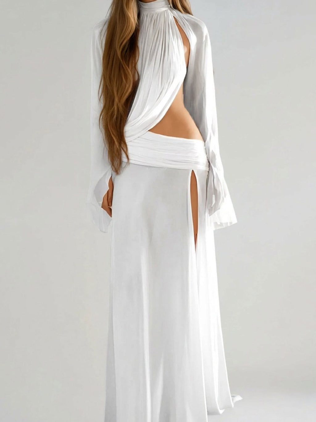 Flared dress with three-dimensional pleats and stacked pants