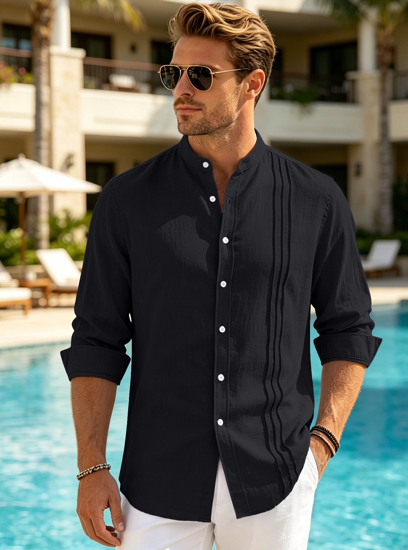 Casual Hommes Stand-collar Solid-colore Loose-fitting Long-Sleeve Cardigan