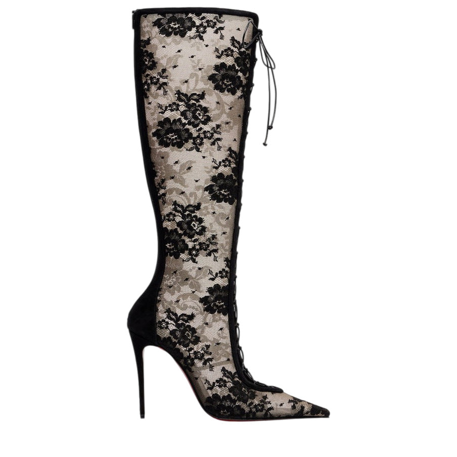 Bottes pointues à talons hauts Sexy Lace Black Bottes sur la cheville Sol rouge