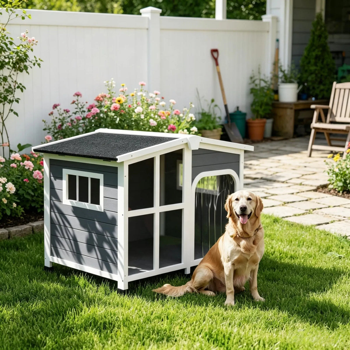 Grand abri pour animaux de compagnie en bois de style chalet avec toit ouvrant et fenêtre géante gris