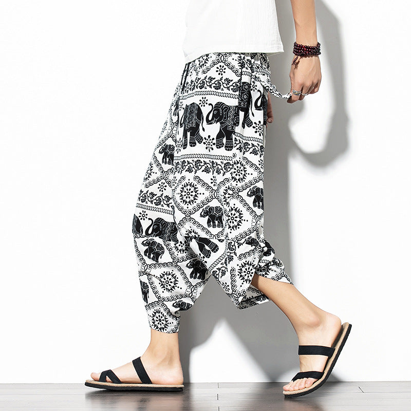 Pantalon imprimé en coton et en lin