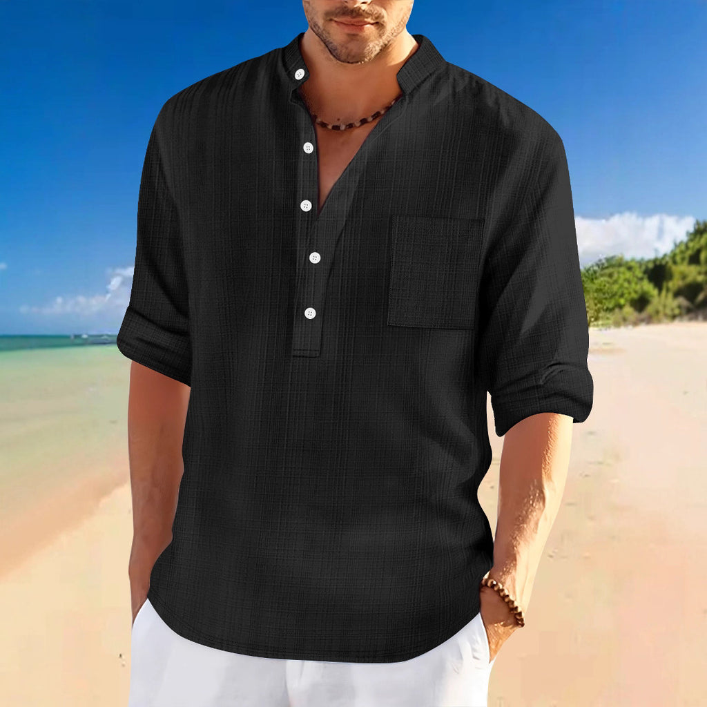 Homme Arrivée Stand-Collar Bamboo-Blend Loose-Fit chemise à manches longues