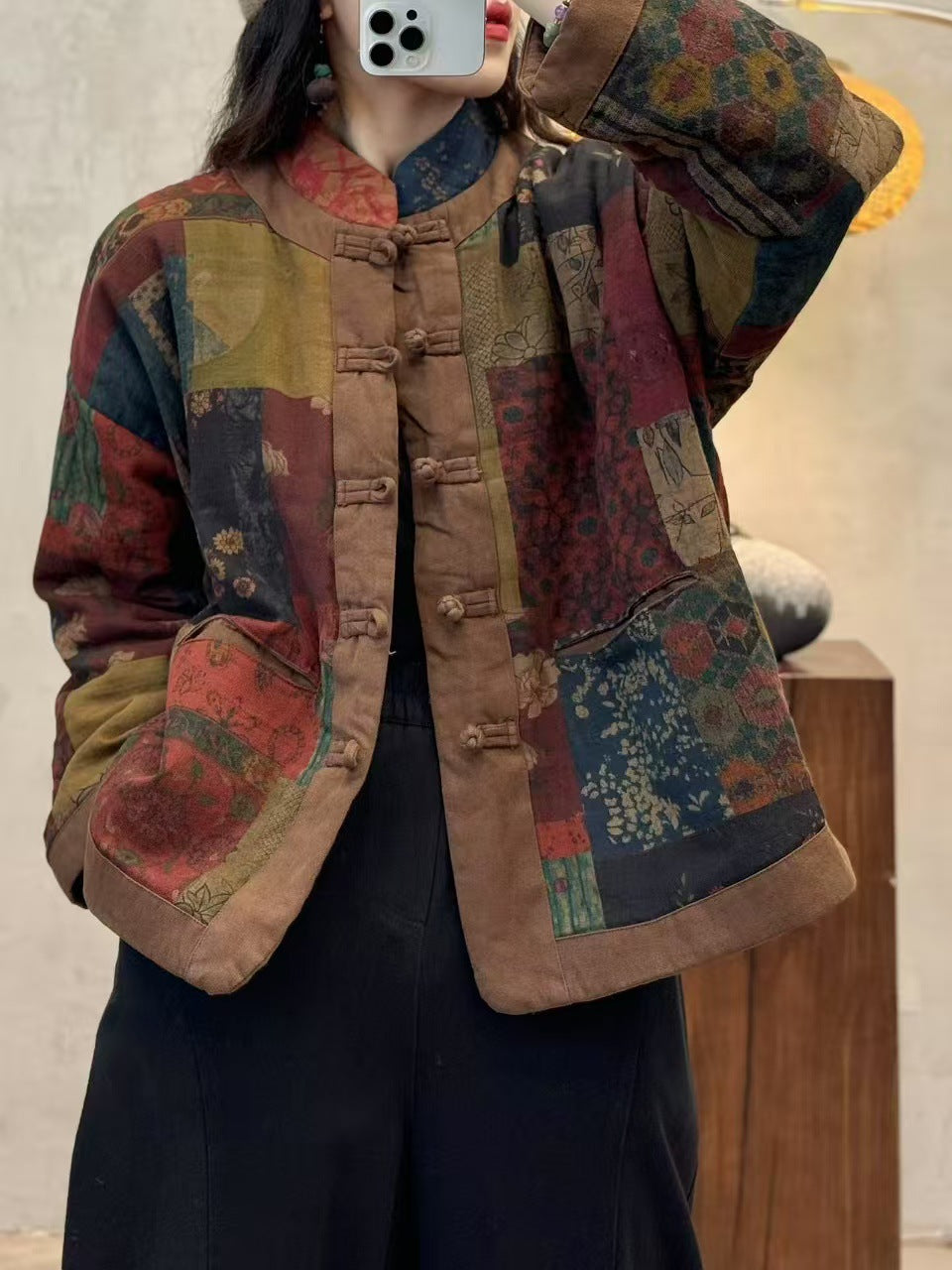 Cropped Button-front Quilted Cotton Coat with Stand-up Collar - Plus Size Winter Jacket