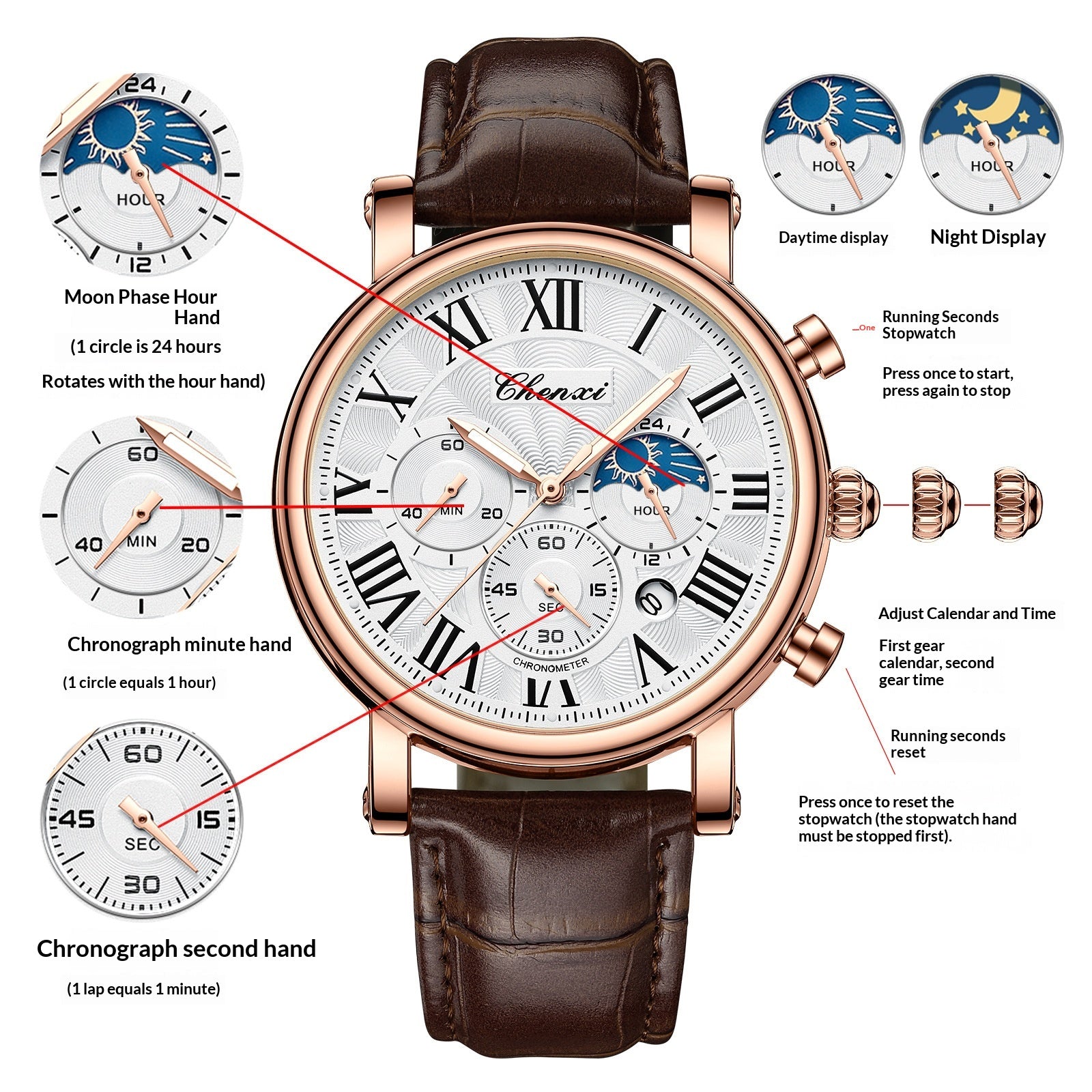 Multifonctionnel Hommes Business Moon Phase Calendrier Waterproof Watch