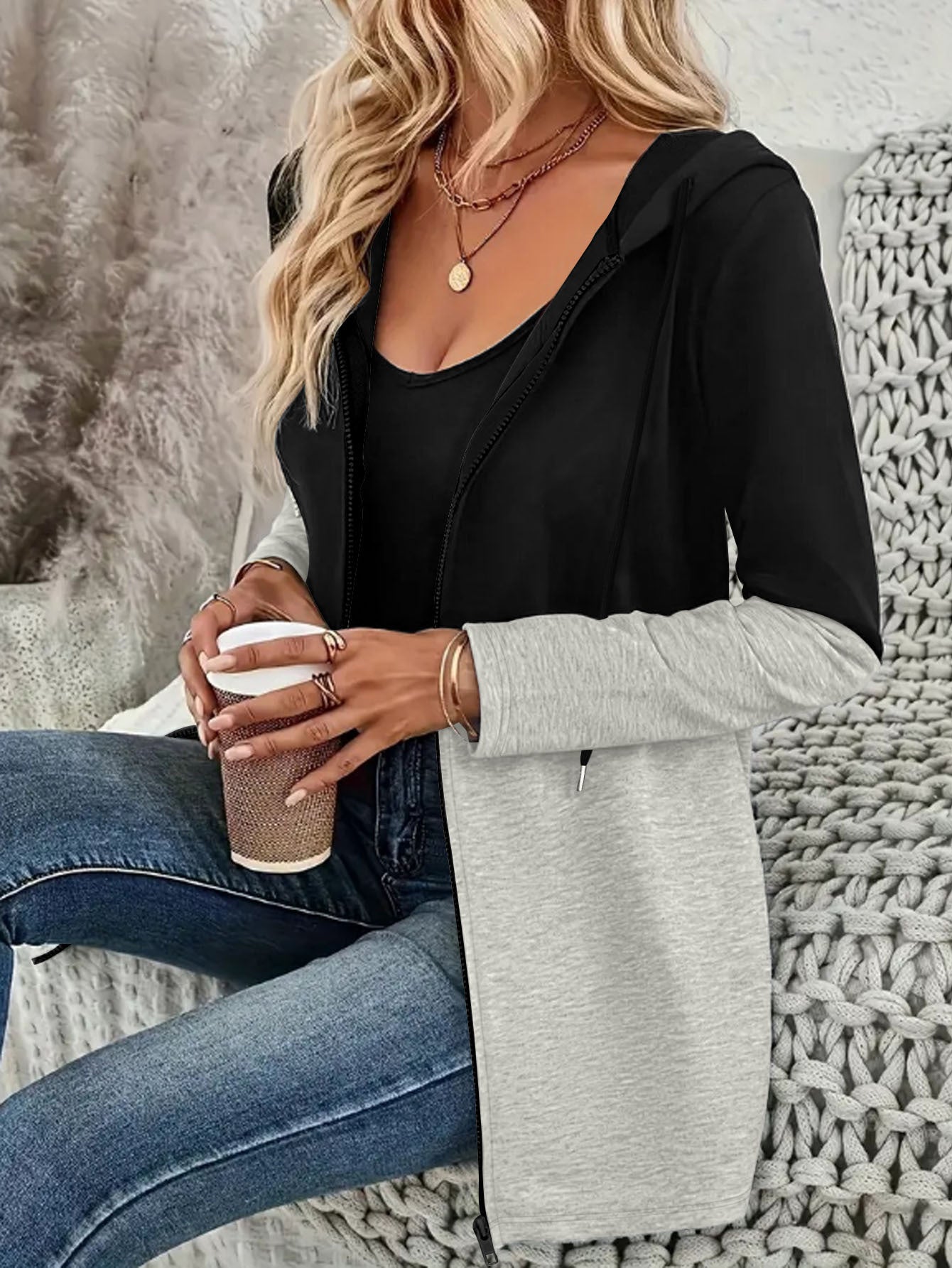 Femmes Couleur Block Zip Up Cardigan à capuche Longue Manches Drawstring Casual Mid Longueur Veste W