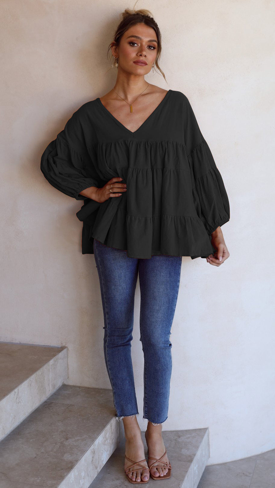 Manche en V Robe de patchwork en couleur unique