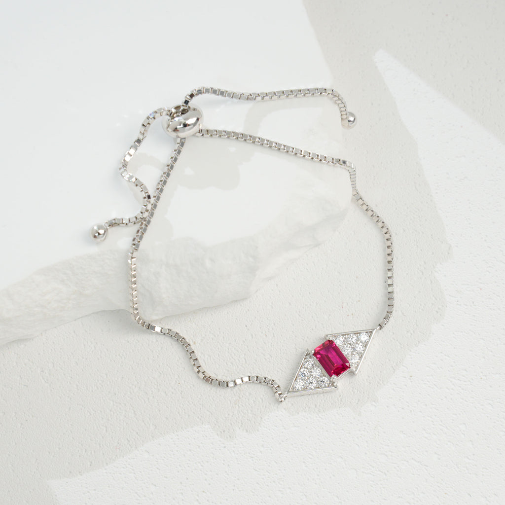 S925 Argent Sterling Rectangle 6x4mm Lab-Grown Emerald Ruby Bracelet 22cm Slider Adjustabl